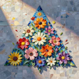 flower composition, impressionist mosaic, colorful, triangle, happy accidents, bright and fresh