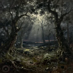 painting of a landscape by jeremiah ketner | horror themed | creepy