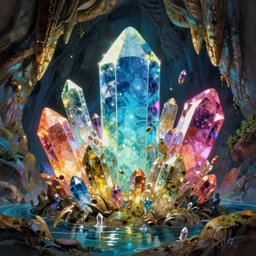 big crystals, cave, water, glowing lights, epic fantasy, colorfully, digital art, highly saturated colors, concept art, detailed illustration, hd, 4 k, digital art, greg rutkowski, dan mumford, studio ghibli trending on artstation