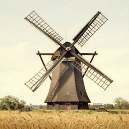 wind mill on wheat camp, illustration, fine details, holland, 1 9 2 0