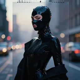 beautiful female body silhouette, beautiful acrylic fluid portrait, photography by amy leibowitz and filip fedorov, black latex female balaclava, female calendar, ballerina body covered with black blanket, urban city photography, close up portrait, cinematic still, film still, magic hour, dark mood, fashion portrait, cold colors, long exposure, bokeh