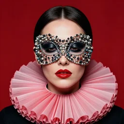 an 8 0 s portrait of a woman with dark eye - shadow and red lips with dark slicked back hair, a mask made of wire and beads, dreaming acid - fueled hallucinations, psychedelic by serge lutens, rolf armstrong, peter elson, red cloth background, frilled puffycollar