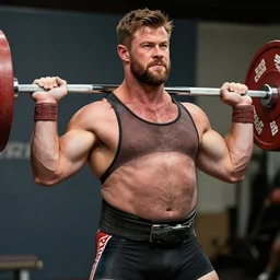 chris hemsworth as a powerlifter, masculine, huge belly, powerful, hairy torso, 4 k hd