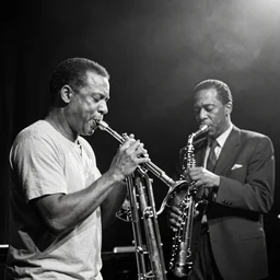Charlie Parker and Dizzy Gillespie on stage playing bebop in a jHarlem nightclub in 1949, smoky atmospheric photograph by Herman Leonard