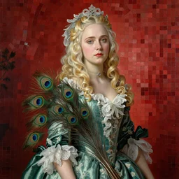 a beautiful rococo painting of Elle Fanning covered in peacock feathers standing before a red mosaic wall. ultra-detailed.