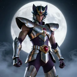 full shot of angry darkness Saint Seiya knight at moonlight, wearing Cat armor, detailed, unreal engine 4k volumetric light, fog,