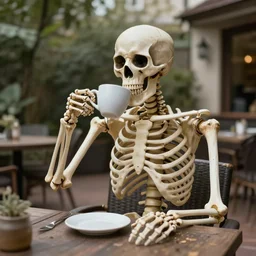 photo of a skeleton man drinking coffee at a patio, surreal