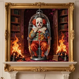 a sad crying clown in an iron lung hung in a gilded frame above a mantel fireplace roaring hot with a library on fire around it, painted on velvet,