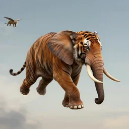 tiger elephant flying through the skies, hyper detailed, digital art, trending in artstation, cinematic lighting, studio quality, smooth render, unreal engine 5 rendered, octane rendered, art style by klimt and nixeu and ian sprigger and wlop and krenz cushart