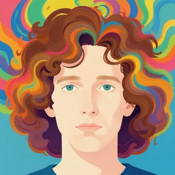 a colorful vibrant closeup portrait of a simple caucasian man with curly mid length brown hair with a calm aesthetic face and dreaming psychedelic hair, by kawase hasui, moebius, edward hopper and james gilleard, zdzislaw beksinski, steven outram colorful flat surreal design, hd, 8 k, artstation, white balance