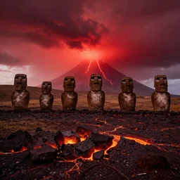 a red sky and molten ground landscape, easter island heads are sinking in to the ground crumbling and seems to be fighting a storm or volcano
