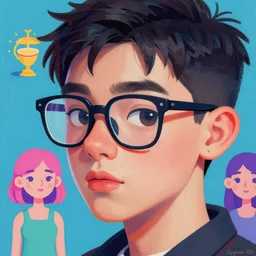 an expressive profile portrait painting of a gen z student with thick - rimmed glasses, in the style of an original beeple digital art painting, vaporwave cartoon, men and women