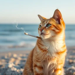 cat smoking a cigarette on the beach