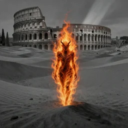 one lone singular swirling otherworldly demonic figure shrouded in flames emerges from extensive barren grey charcoal dunescape, flames, matte painting by peter mohrbacher and filip hodas, background colosseum!, godrays, high contrast, highly detailed