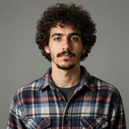 Young Sicilian man with curly hair, moustache and a short beard wearing a flannel. Sigma 85mm f_1.4, 4k, portrait photography
