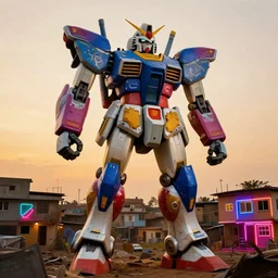 colourful - damaged - giant mecha ROBOT of AJEGUNLE SLUM in Lagos, markings on robot, house are neon lit, Golden Hour,