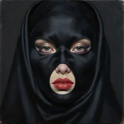 hyperrealism oil painting, close - up portrait, fashion model face fully in black silk, complete darkness, in style of classicism mixed with 8 0 s sci - fi hyperrealism