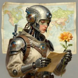retrofuturistic digital airbrush illustration of an explorer - cyborg wearing an ornate gpu headpiece and holding a flower with a map of the collective subconscious in the background by luigi patrignani
