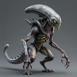a humanoid alien with leathery gray skin, a wiry build, lanky arms, claws, four-fingered hands, two sleek horns, a long snout, yellow eyes, and fangs