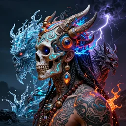 3 d shaman with tattoos profile portrait, sigma 5 0 0 mm f / 5. beautiful intricate highly detailed quetzalcoatl skull. bioluminescent, plasma, lava, ice, water, wind, creature, thunderstorm! artwork by tooth wu and wlop and beeple and greg rutkowski, 8 k trending on artstation