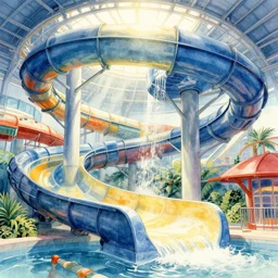 futuristic industrial water slide inside an indoor waterpark, watercolor by moebius and clamp, backlighting, vibrant palette, highly detailed