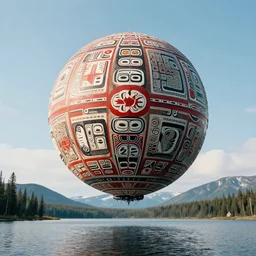a giant floating sphere covered in canadian aboriginal patterns hovering above a Yukon lake