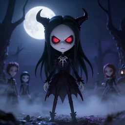 full shot of angry darkness cute anime girl at moonlight, gothic wearing, inspired by Tim Burton, Norihiro Yagi, Amano, Juri Misaki, detailed, unreal engine 4k volumetric light, fog,