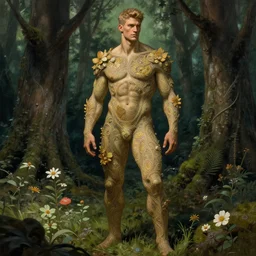 keeper of the forest, rugged, handsome, male, detailed face, clean lines, atmospheric lighting, amazing, full body, thighs, flowers, muscular, intricate, highly detailed, digital painting, deviantart, concept art, sharp focus, illustration, art by greg rutkowski and alphonse mucha