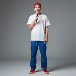 a full body shot of an average white, short young - adult man with blue dyed hair, wearing a red backwards cap, white t - shirt with a red no symbol on it, blue long pants and red shoes, holding a microphone, photoshoot, grey background