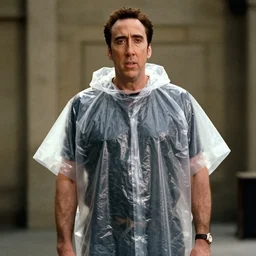 film still of Nic Cage as Patrick Bateman wearing plastic poncho in American Psycho