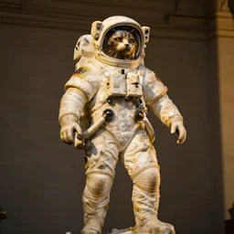 cat cosmonaut statue, proudly posing by leonardo davinci, intricate, detailed, atmospheric lighting, golden hour