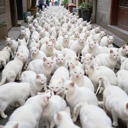 street filled with thousands of white cats realistic 4 k photo