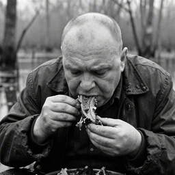 movie still by tarkovsky big close up of a giant obese old bald man wear dark clothes eating meat, a swamp, cinestill 8 0 0 t 3 5 mm b & w, heavy grain, high quality, noir, natural textures, photorealistic, ambient occlusion, hd, dof, mud, fog