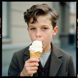 kodak portra 4 0 0, 8 k, highly detailed, britt marling style 3 / 4 photographic close, medium format, press award winning colour portrait of a handsome boy is eating ice cream, up face with 1 9 2 0 s hairstyle, 1 9 2 0 s clothing style, asymmetrical, hasselblad x 1 d - 5 0 c, 1 0 0 mm f 1. 8, soft light