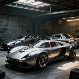 wolfenstein, retrofuturistic cars in garage, atmospheric lighting, painted, intricate, volumetric lighting, beautiful, daytime, sunny weather, slight overcast, sharp focus, deep colours, ultra detailed, by leesha hannigan, ross tran, thierry doizon, kai carpenter, ignacio fernandez rios