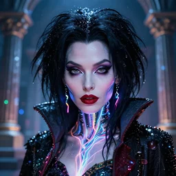 a cyberpunk close up portrait of enchanting cyborg cruella de vil, electricity, rainbow, sparks, bokeh, soft focus, sparkling, glisten, water drops, cold, dark, geometric, temples behind her, by paul lehr, jesper ejsing