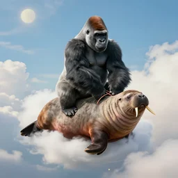 gorilla riding a walrus in heaven