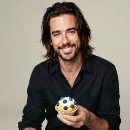 chad robert kroeger of nickelback holding a blueberry muffin