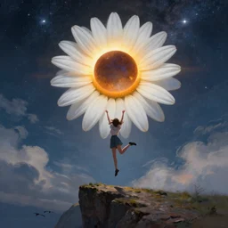 giant white daisy flower as face, girl jumping on cliff, surreal photography, solar eclipse, milky way, dramatic light, impressionist painting, clouds, digital painting, artstation, james gilleard, liam wong, jeremy mann, simon stalenhag