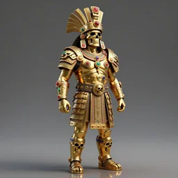 Ancient Aztec warlord wearing Gold plated armor adorned with jewels in the shape of skulls, still photography, ray tracing, reflection, 3D Model, Unreal Engine 5, 4k Image