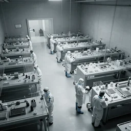 MC Escher style underground lab, sterile, human farm, staff wearing hazmat suits, unknown location, photo taken from above, light and shadows