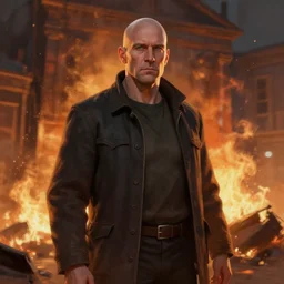 an artstation trending portrait painting of a bald english man standing in front of a building on fire, octane render