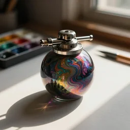 airbrush of sealed ball jar of swirling ink shimmering on a desk, dramatic afternoon lighting, intense watercolor, heavy metal, tilt shift, photo realistic, by moebius