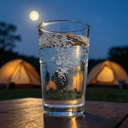 a cup of sparkling water with shiny crystals in it, camp site, dramatic angle, dusk, moon light, hdr, backlit 8 k f 2. 5 1 0 mm