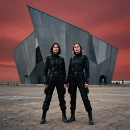 cinestill 5 0 d photograph of 2 women wearing black techwear in front of a brutalist sharp - edged metal building, on a desolate plain, red eerie sky, sigma 8 5 mm f / 1. 4, 4 k, depth of field, high resolution, highly detailed, 4 k, 8 k, hd, full color