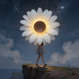 giant white daisy flower covering head, girl walking on cliff, surreal photography, solar eclipse, milky way, dramatic light, impressionist painting, clouds, digital painting, artstation, james gilleard and liam wong and jeremy mann