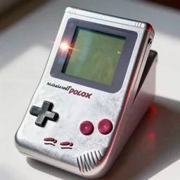 analog vintage photography portrait polaroid of a chrome gameboy, bright light, lensflare, reflection, red color bleed, heavy film grain, bloom, glow