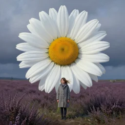 portrait, massive daisy flower head, a girl wearing coat in heather field, surreal photography, wind and cold, dramatic sky, impressionist painting, digital painting, artstation, simon stalenhag