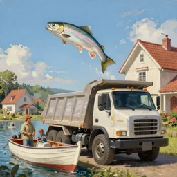 classic oil painting, a dump truck catching a salmon, as a dnd character, in a sunny suburban fishing boat, cottagecore, highly detailed, digital illustration, concept art, smooth, sharp focus, art by greg hildebrandt, and tim hildebrandt