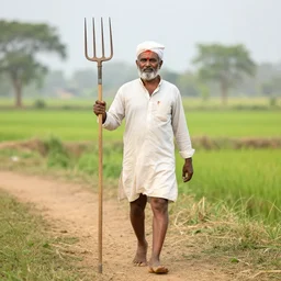 ' an idian walking with a pitchfork'